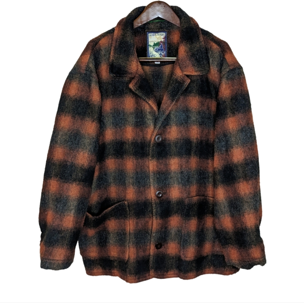 Men's Black and Orange Plaid Shirt Jacket
